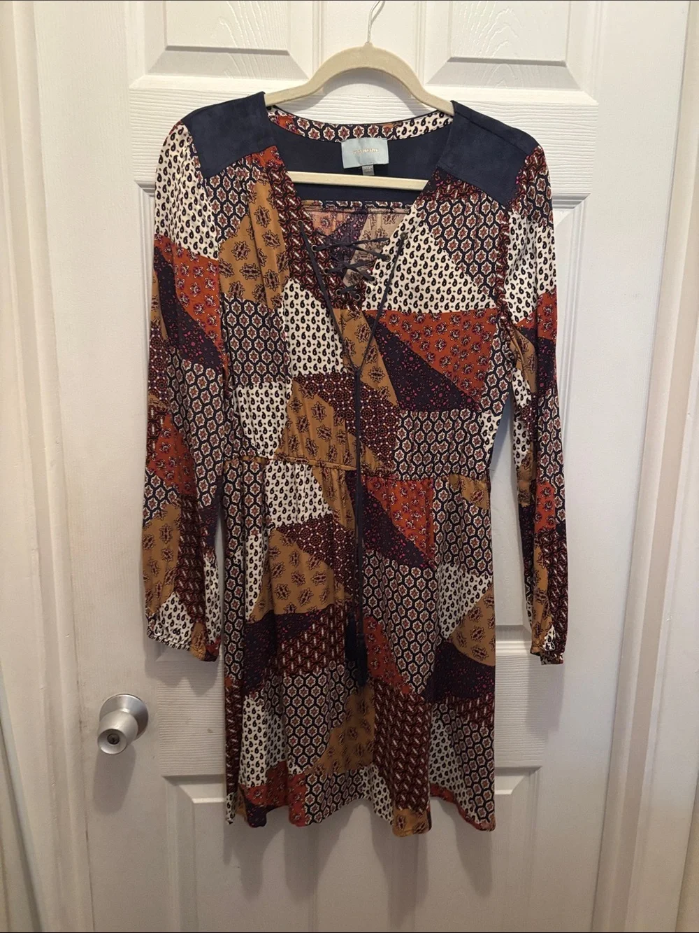 Skies Are Blue Patchwork Lace-Up V-Neck Long Sleeve Dress - Rust, Mustard & Navy